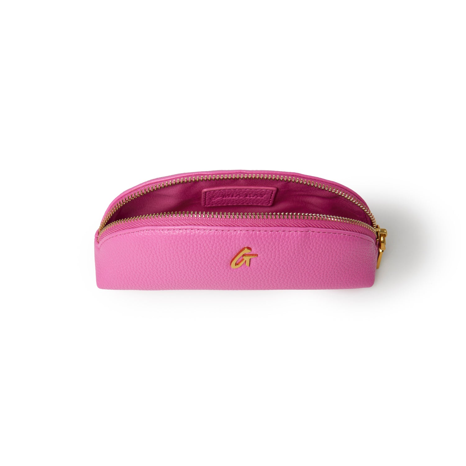 Hot pink pebble pencil pouch with a gold logo, featuring a zip closure and textured exterior for stylish organization.