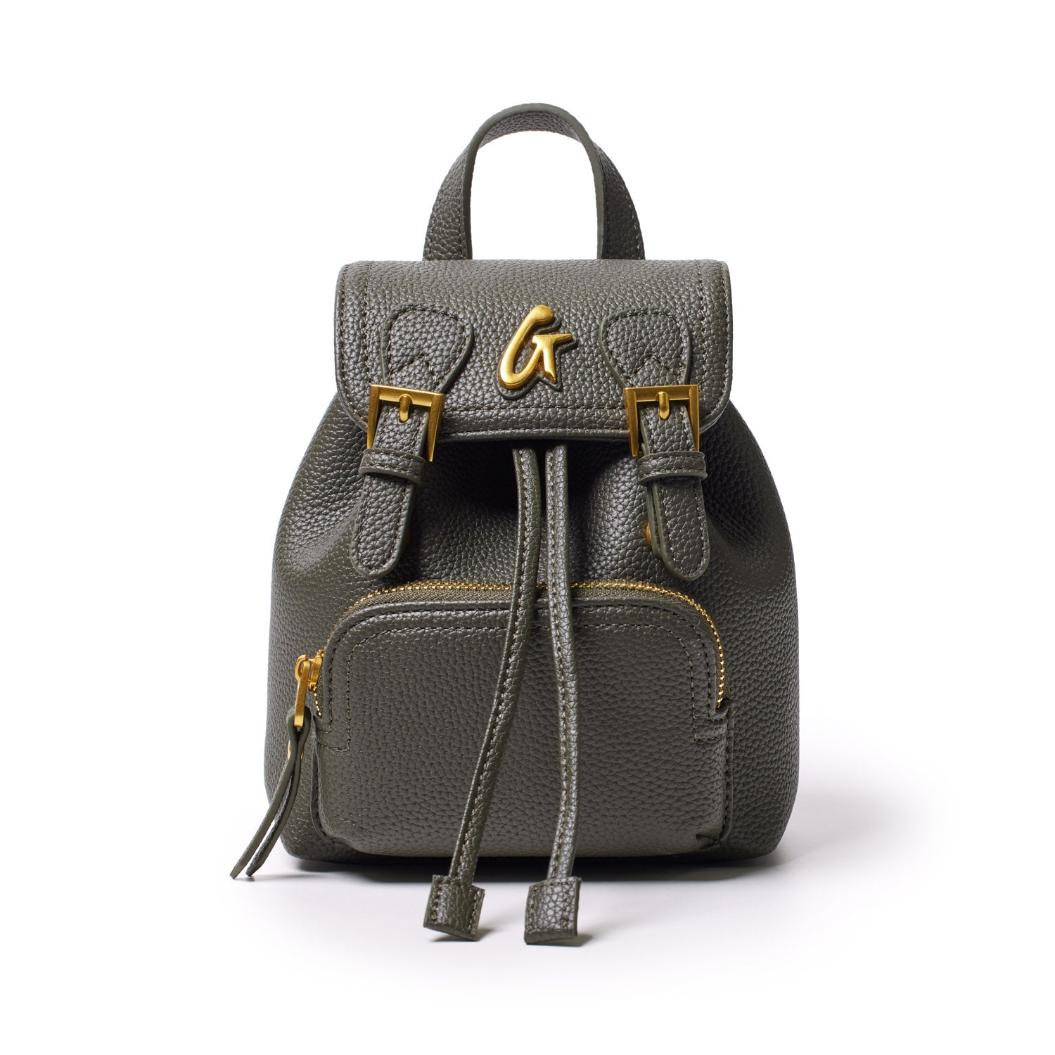 Small olive green pebble leather crossbody backpack with gold hardware, front zipper pocket, and adjustable straps.