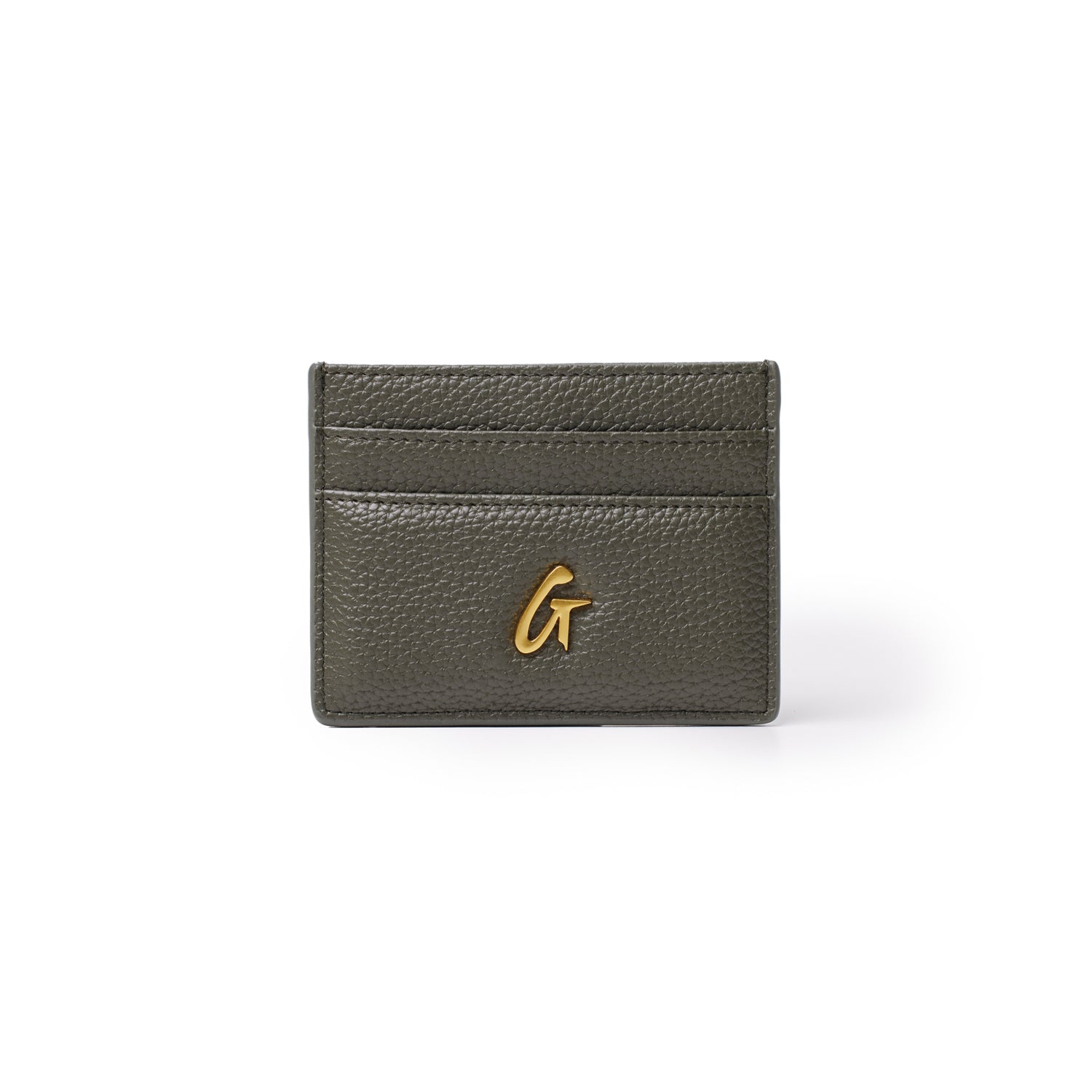 Olive green pebble leather card holder with a gold "G" logo on the front, featuring multiple card slots.
