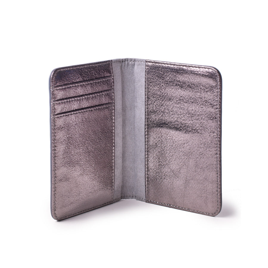 Gray monogram passport holder with multiple card slots and a sleek, textured finish, open to show interior compartments.