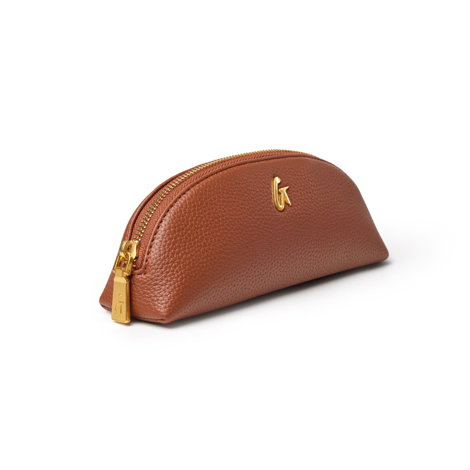Brown pebble-textured pencil pouch with a gold zipper, perfect for stylish organization of pens and accessories.