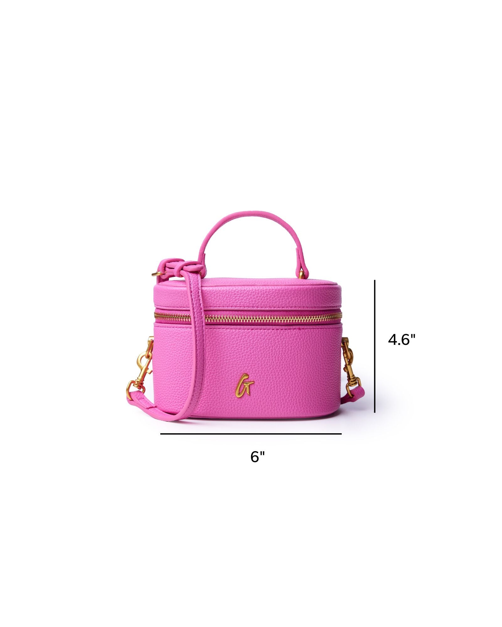 Hot pink mini pebble vanity bag with gold zippers and a detachable strap, measuring 6 inches wide and 4.6 inches tall.