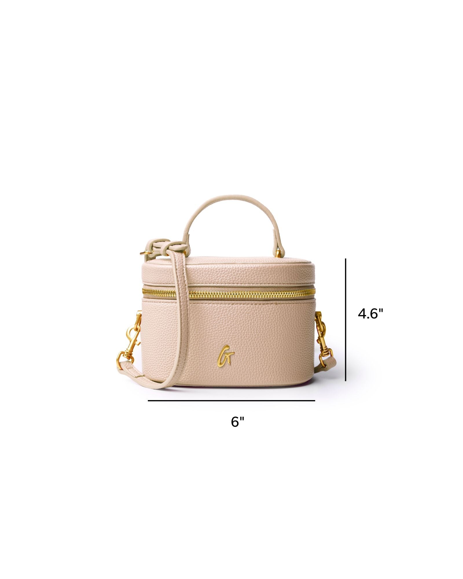 Nude mini pebble vanity bag with gold zippers and a handle, measuring 6 inches wide and 4.6 inches tall.