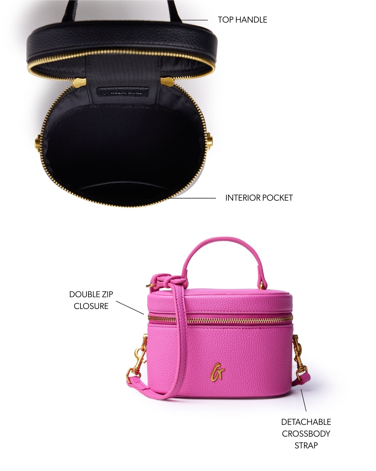 Hot pink mini pebble vanity bag with double zip closure, top handle, and detachable crossbody strap. Interior pocket included.