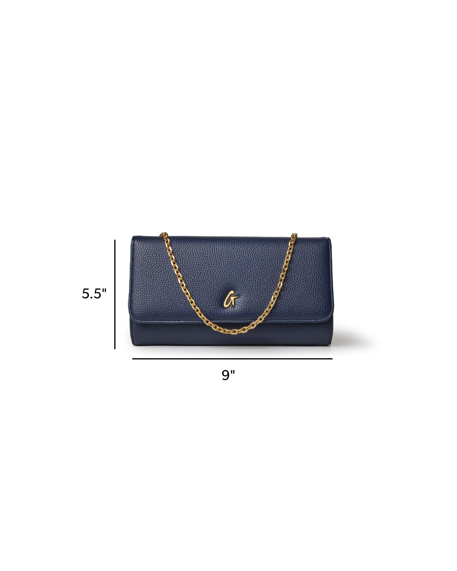 Navy pebble travel wallet on a chain, featuring a gold-tone logo and a stylish design for on-the-go elegance.