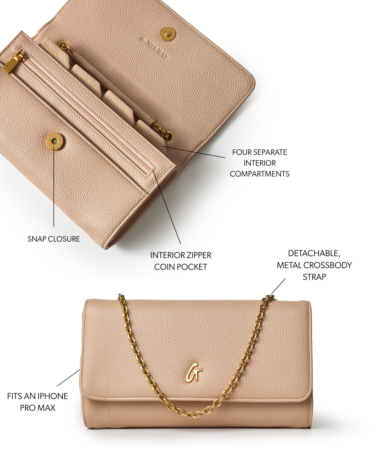 Nude pebble travel wallet on a chain featuring snap closure, zipper coin pocket, and detachable crossbody strap.