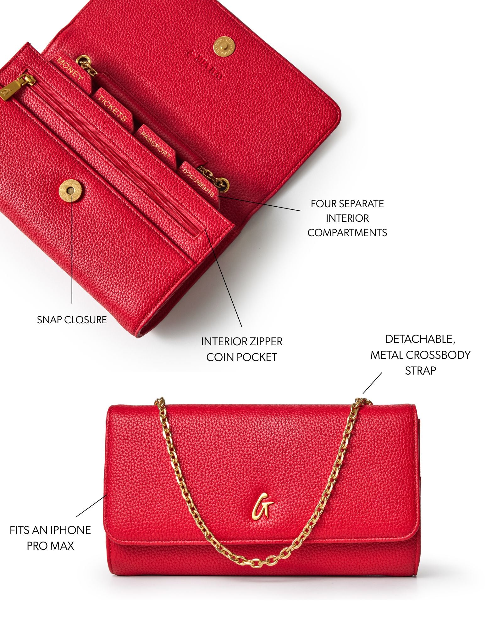 Red pebble travel wallet on a chain featuring a snap closure, multiple compartments, and a detachable crossbody strap.