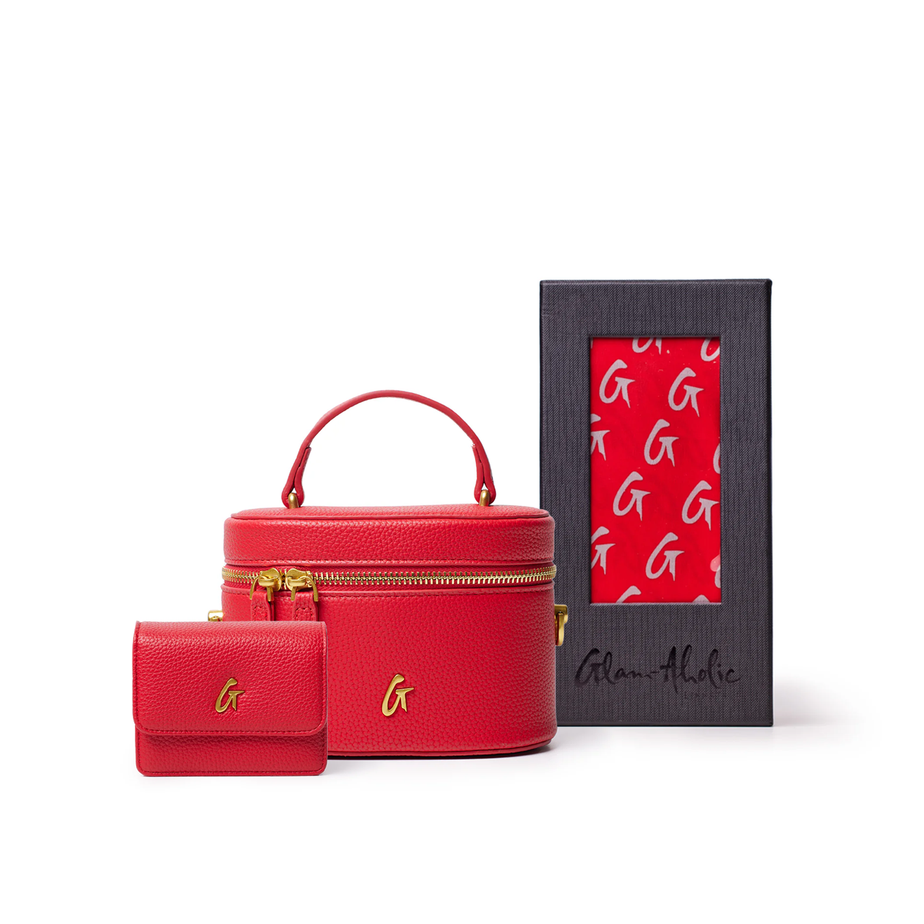 Red Pebble Venue Pack featuring a round handbag with a top handle, a matching wallet, and a stylish gift box.