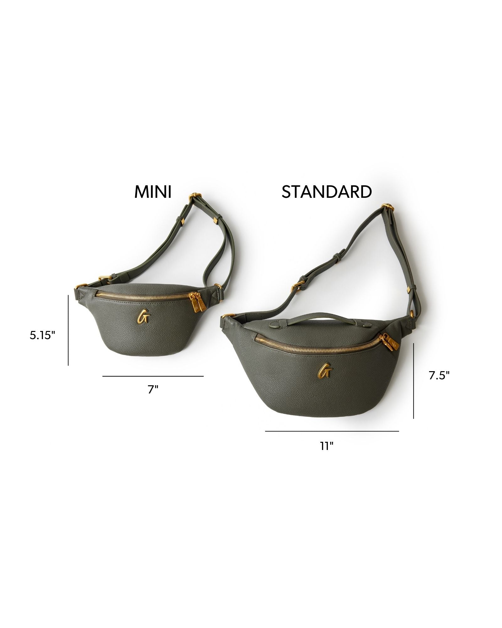 Olive green mini pebble fanny pack with gold accents, featuring adjustable straps and compact design.