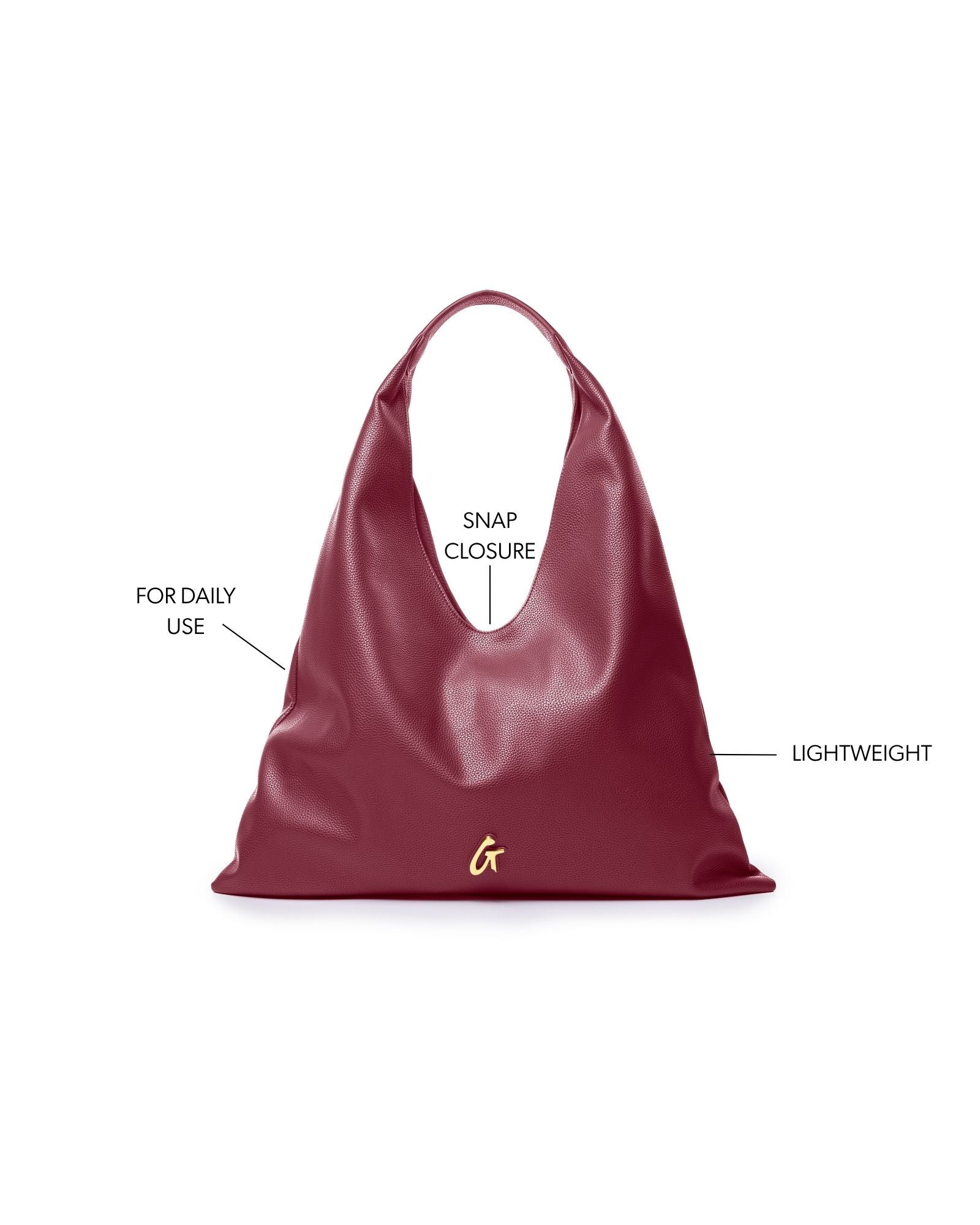 Burgundy Pebble Hobo Shoulder Bag with snap closure, designed for daily use and lightweight for easy carrying.