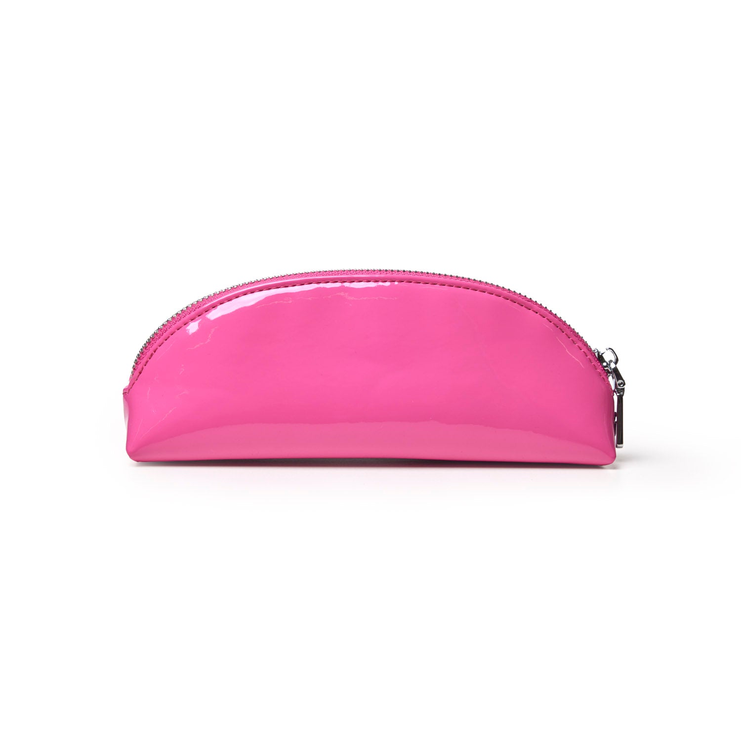 Hot pink mini mirror pouch with a sleek, glossy finish and a zip closure, perfect for stylish organization.