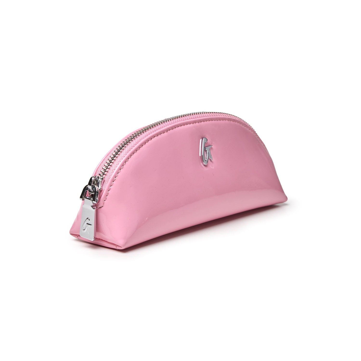 Light pink mini mirror pouch with a sleek design and silver zipper, perfect for storing cosmetics and accessories.