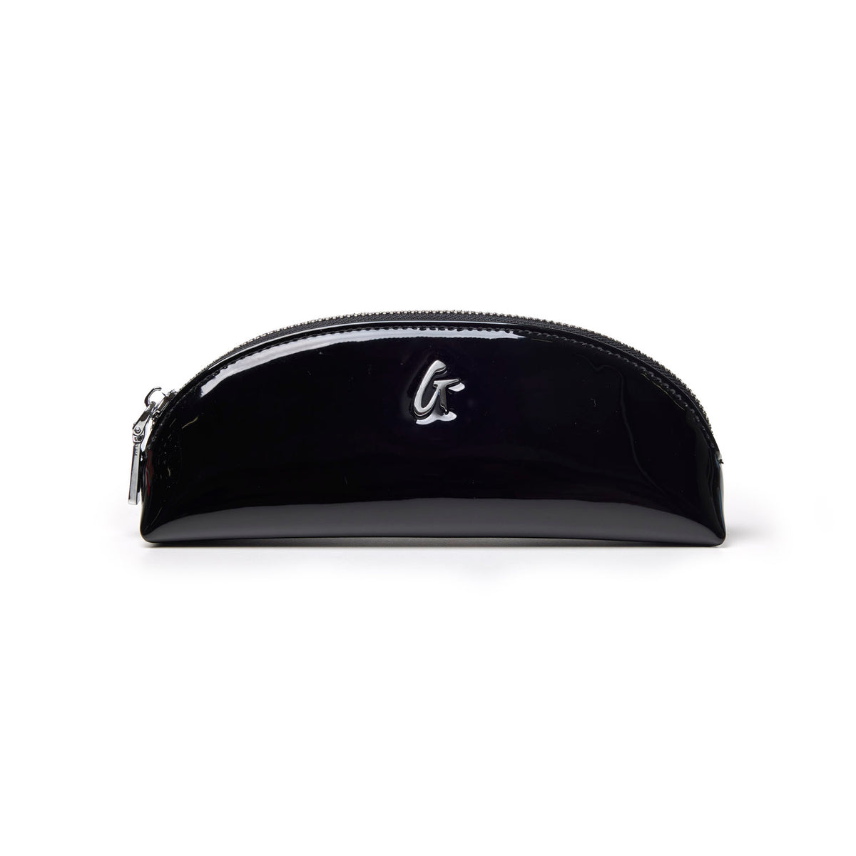Sleek black mini mirror pouch with a glossy finish and zip closure, perfect for storing cosmetics and accessories.