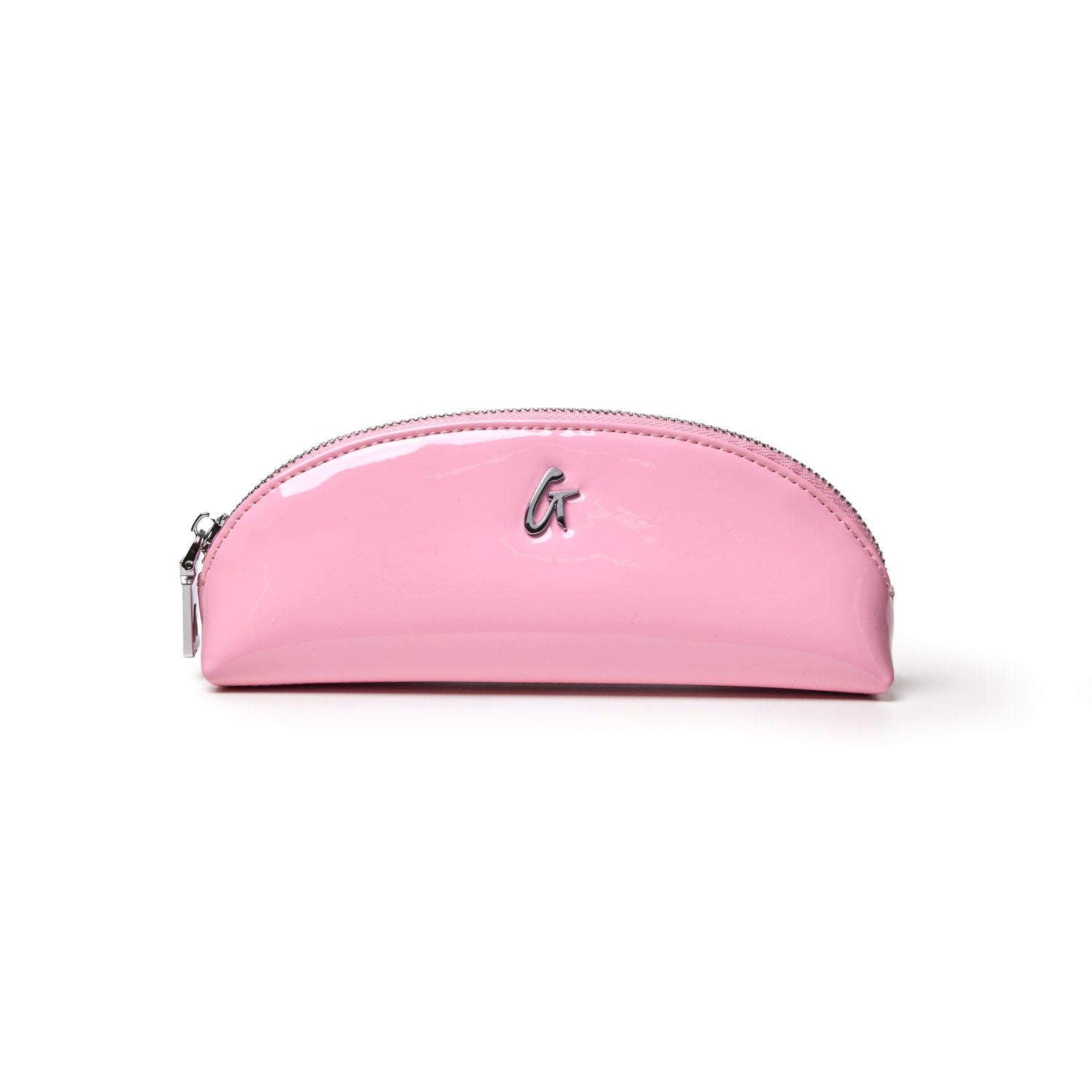Light pink mini mirror pouch with a glossy finish and silver zipper, perfect for storing small essentials.