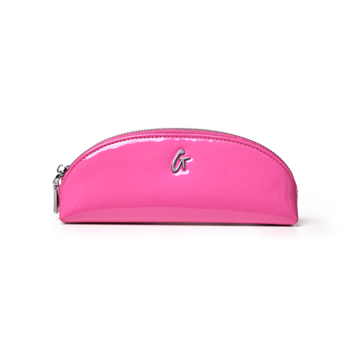 Hot pink mini mirror pouch with a sleek design and logo, perfect for storing cosmetics and accessories.