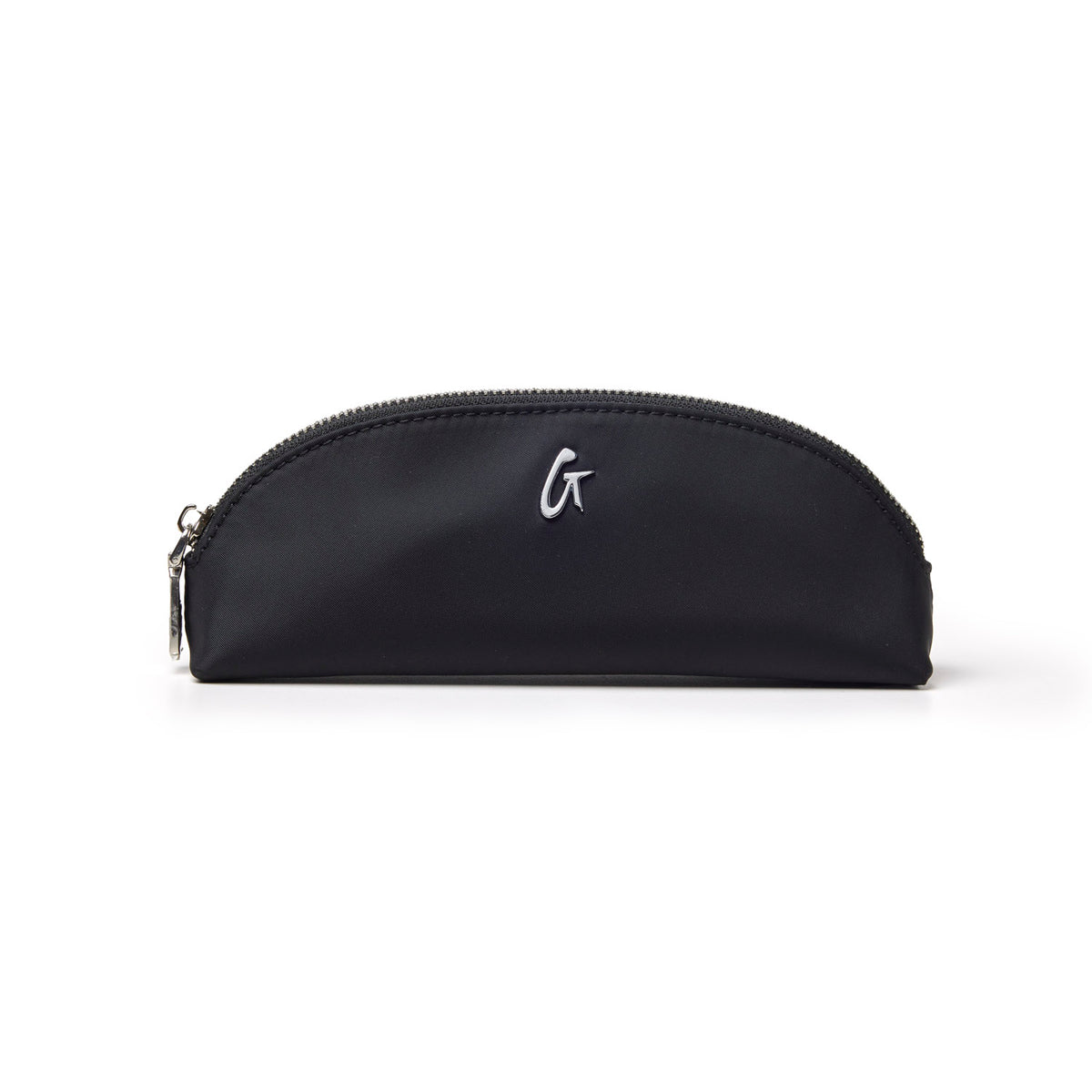 Sleek black mini nylon pouch with a zip closure and embroidered logo, perfect for organizing essentials.