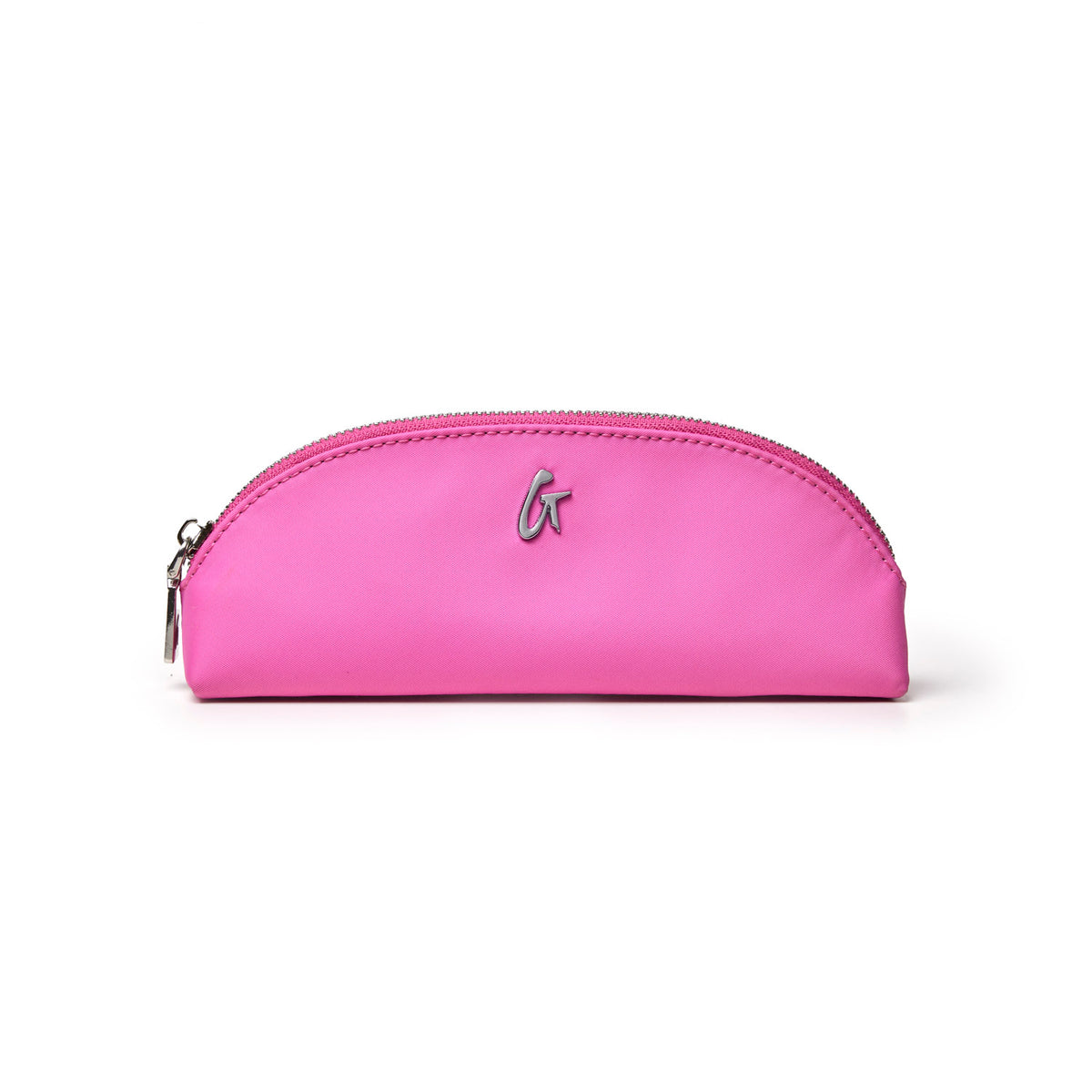 Hot pink mini nylon pouch with a sleek design and silver zipper, perfect for storing essentials stylishly.