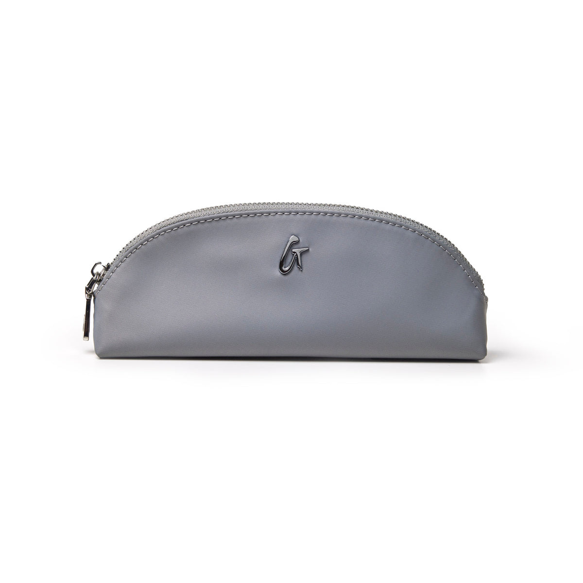 Gray mini nylon pouch with a sleek design and zip closure, perfect for organizing essentials in style.