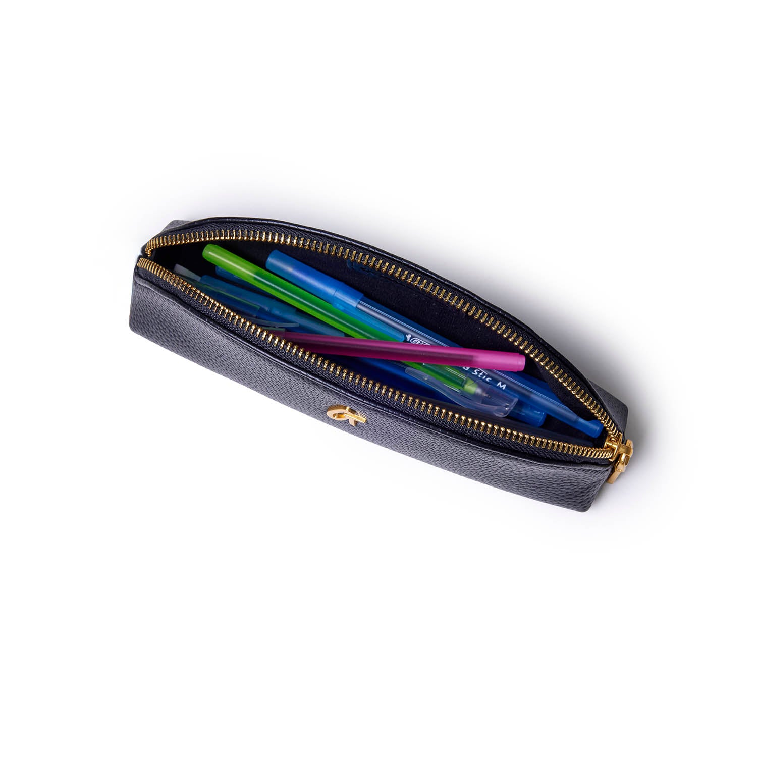 Black pebble pencil pouch with gold zipper, filled with colorful pens and markers, showcasing a sleek design.