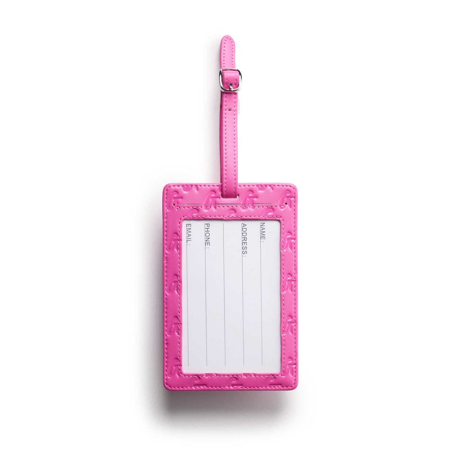 Pink monogram luggage tag with clear window for contact information and a strap for attaching to luggage.