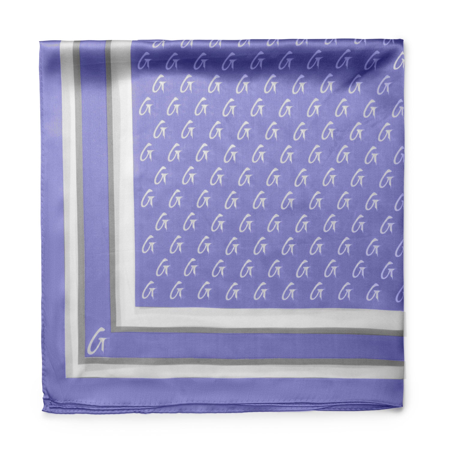 Lavender large monogram silk scarf featuring a repeating logo pattern and elegant border design.