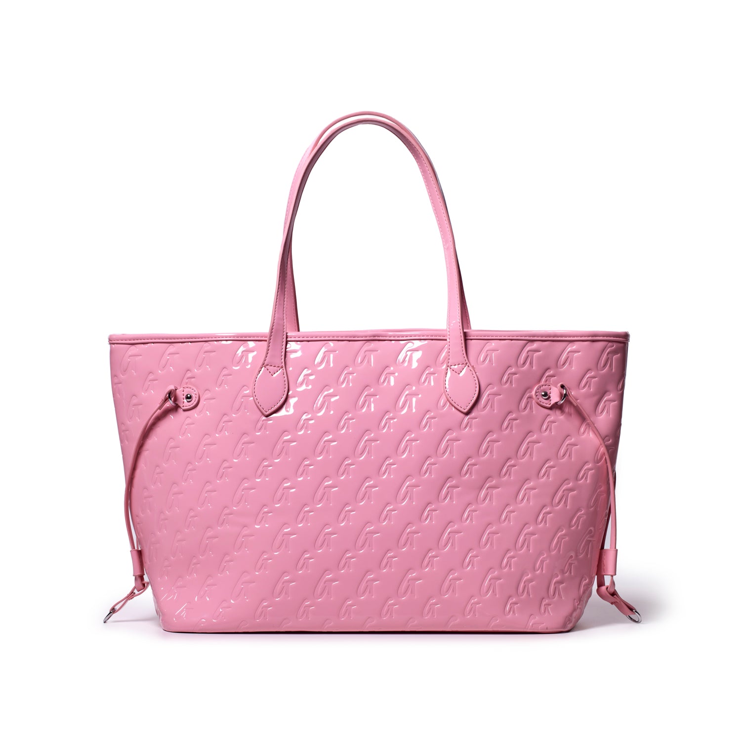 Glossy mirror pink monogram tote bag with dual handles and spacious interior, perfect for stylish everyday use.