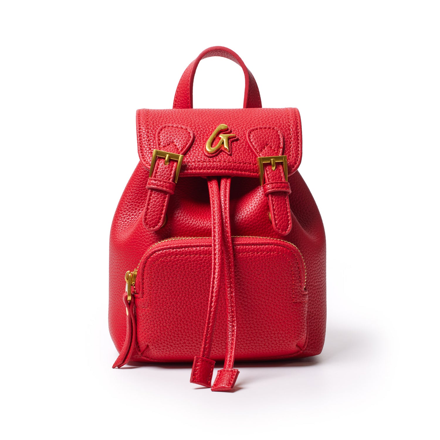 Red mini pebble crossbody backpack with gold hardware, front zip pocket, adjustable straps, and a top handle.