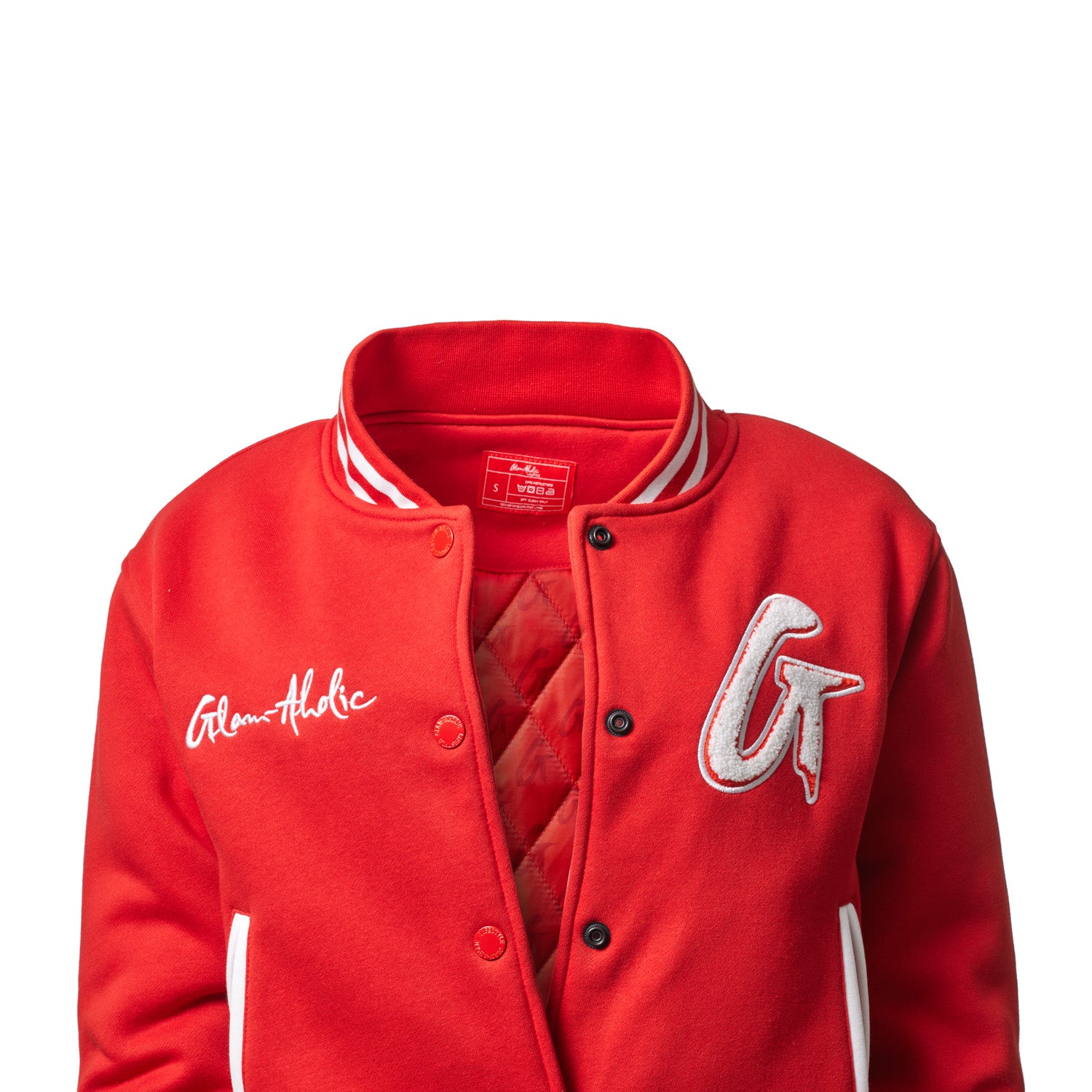Red varsity jacket with white embroidered "Glam Athic" text, large embroidered "G" patch, and striped collar details.