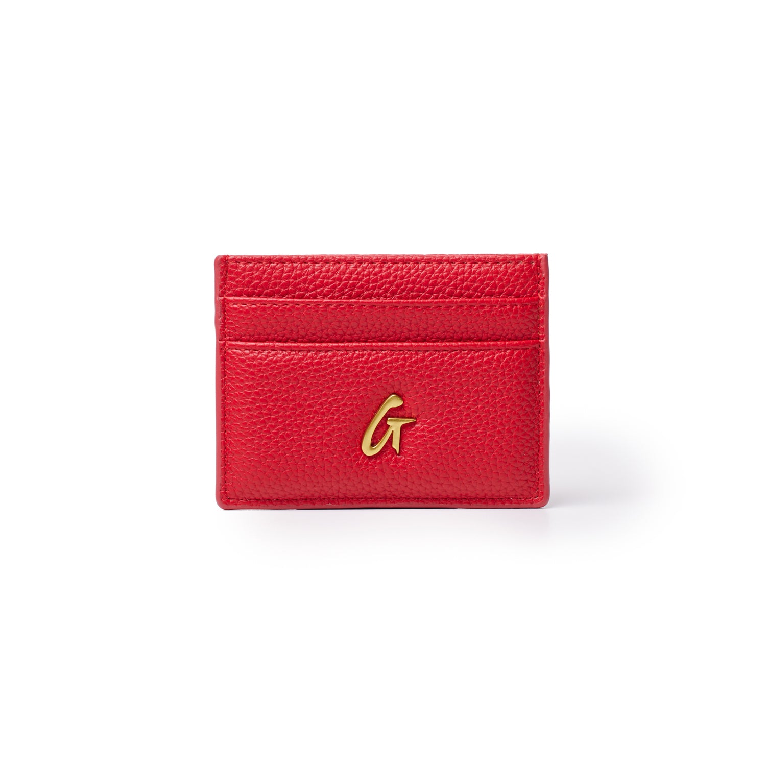 Red pebble leather card holder with a gold "G" logo and two card slots on a white background.