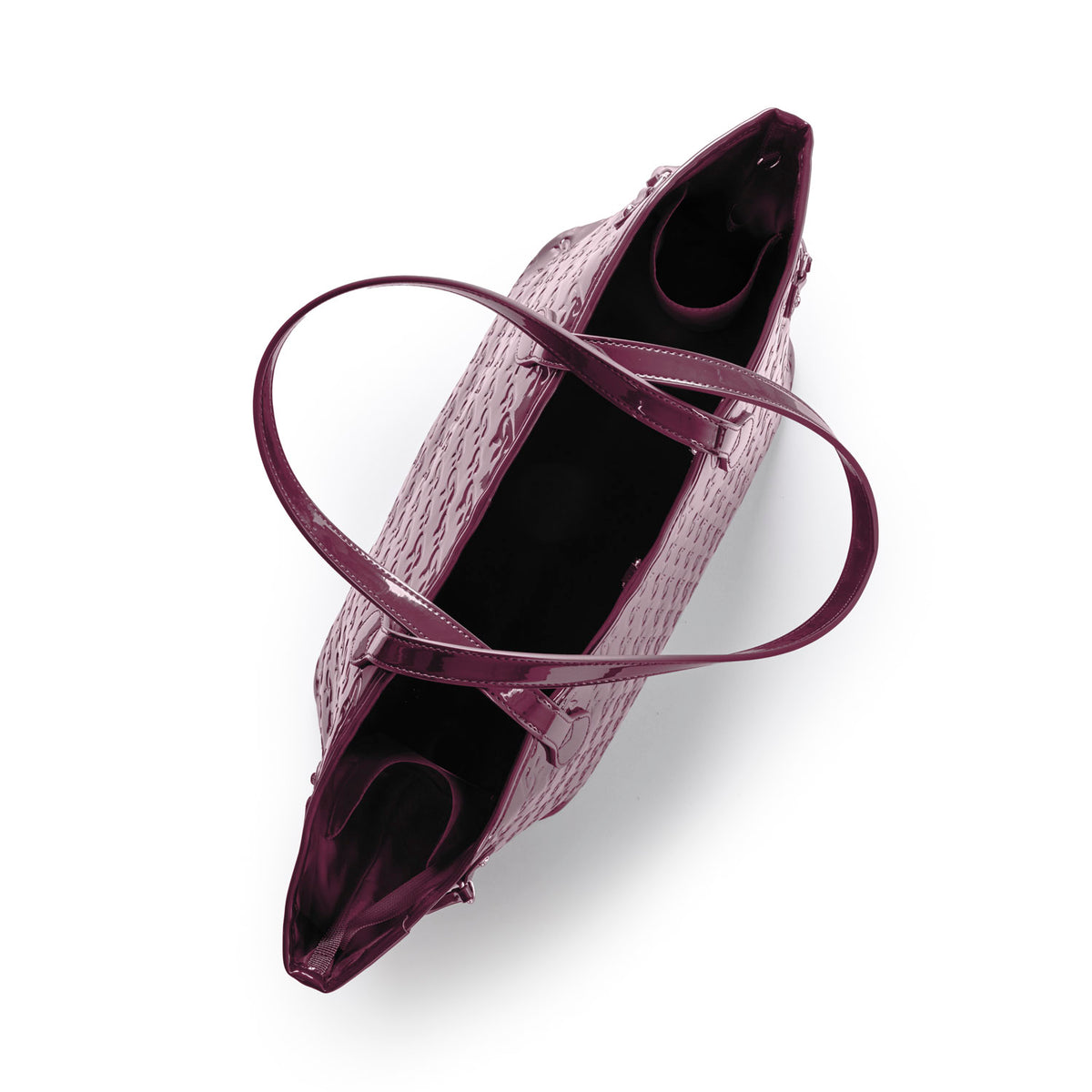 Burgundy monogram travel set featuring a spacious tote bag with long handles and a textured finish.