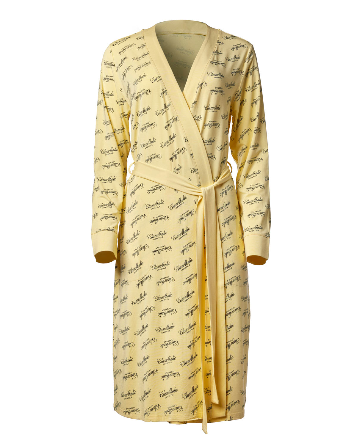 Yellow signature luxe robe featuring a wrap design and tie belt, perfect for stylish comfort at home.