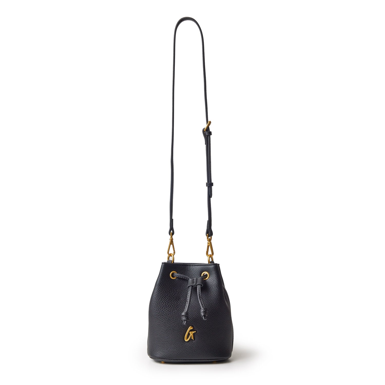 Black pebble bucket bag with gold hardware, adjustable strap, and drawstring closure, part of the Pebble Bucket Bag Bundle.