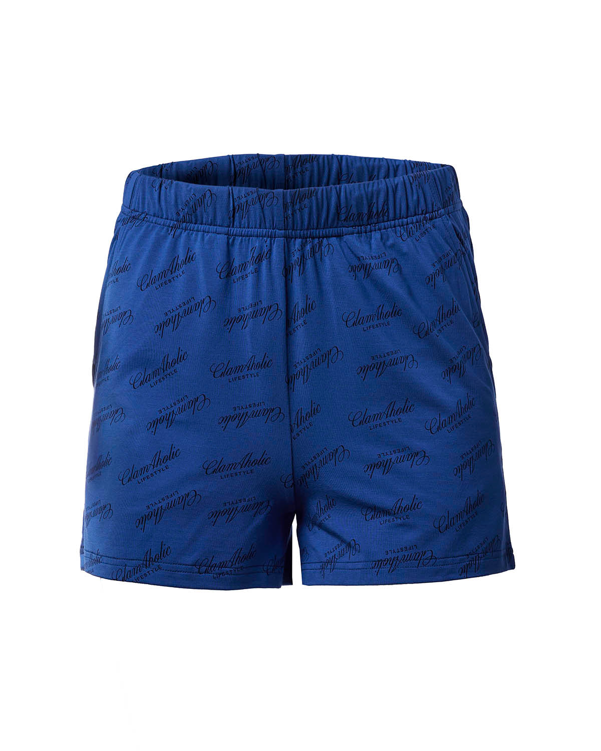 Navy pajama shorts featuring an all-over Glam-Aholic logo print, designed for comfort and style.