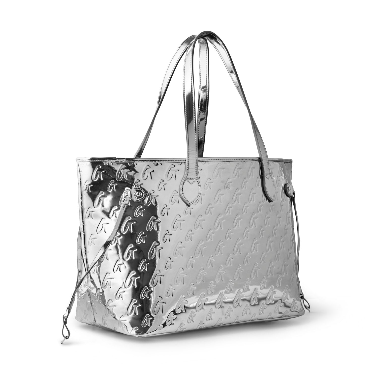 Metallic silver monogram glam tote with wristlet, featuring sleek design and spacious interior for stylish organization.