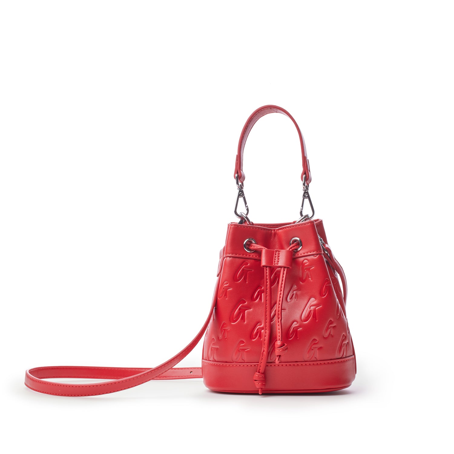 Red Monogram Bucket Bag Bundle with embossed logo pattern, adjustable strap, and drawstring closure on a white background.