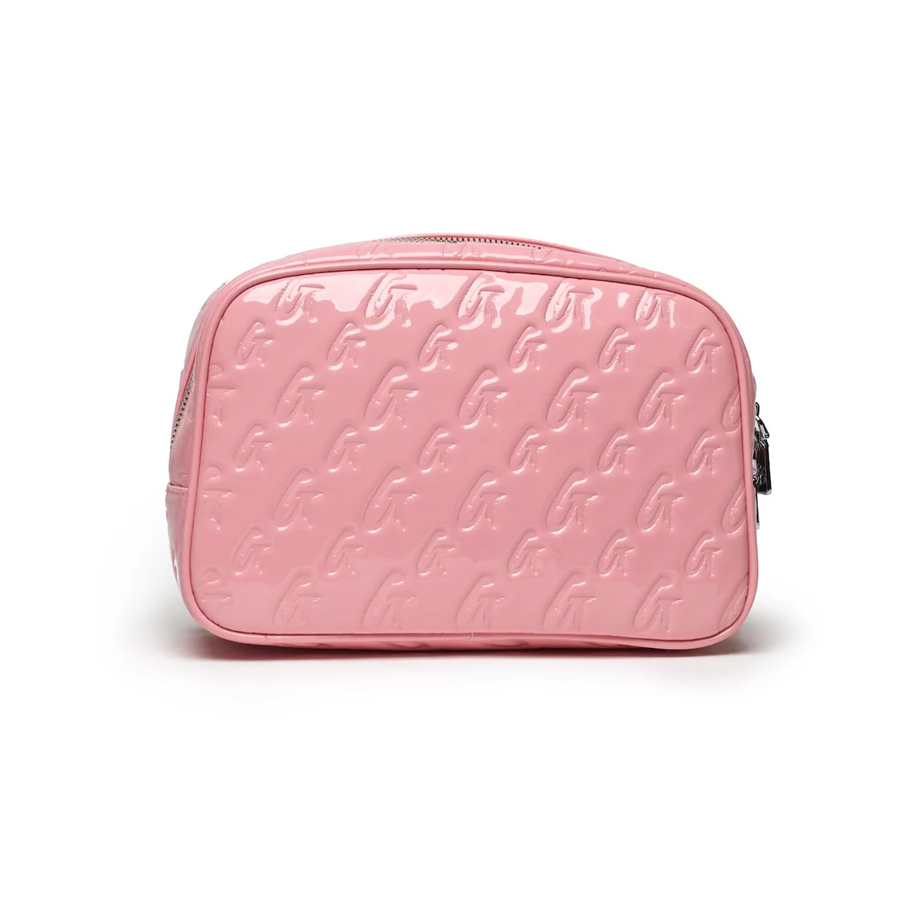 Small monogram toiletry bag in mirror pink with a glossy finish and zip closure, perfect for organizing cosmetics and essentials.