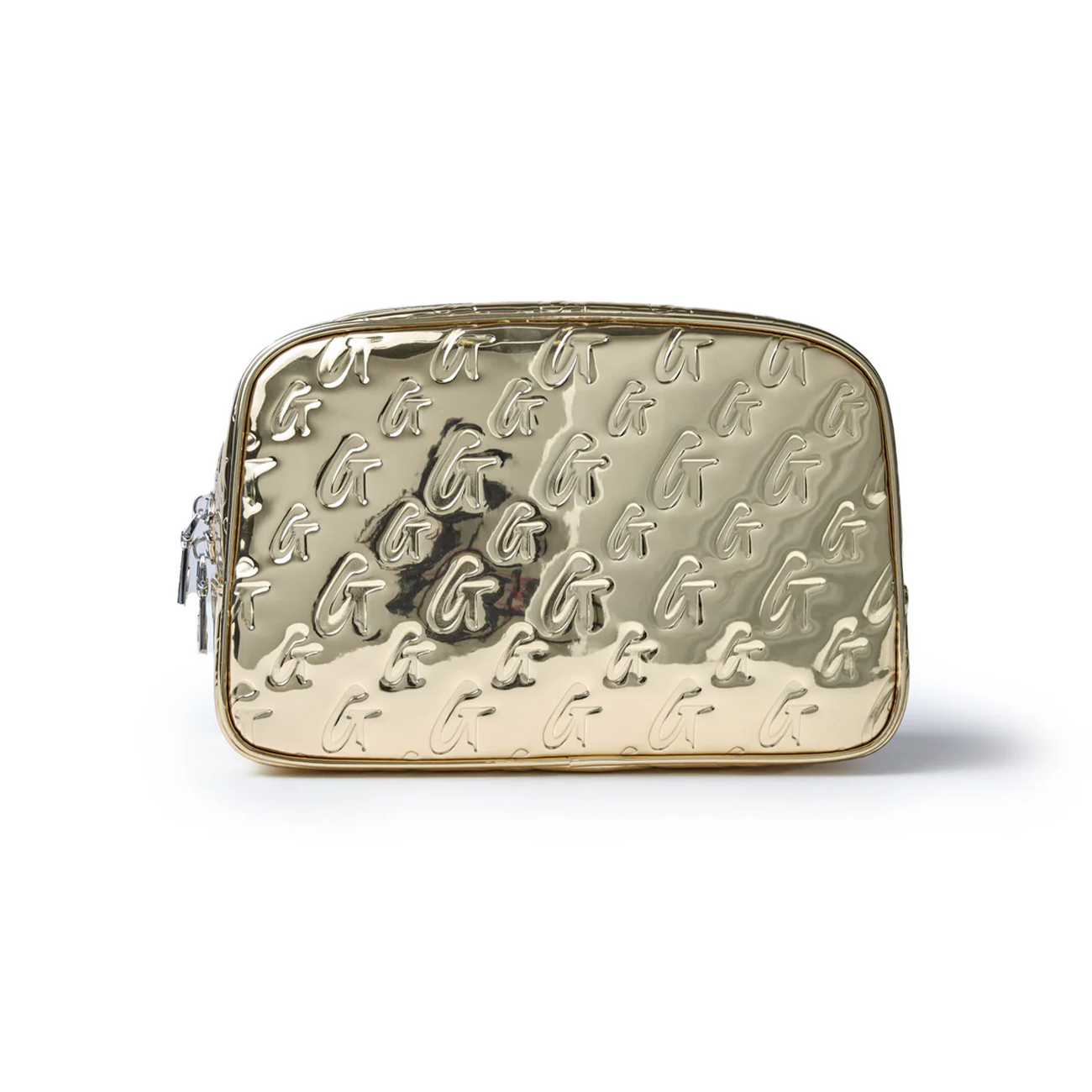 Small metallic gold toiletry bag featuring a monogram design, perfect for organizing cosmetics and travel essentials.