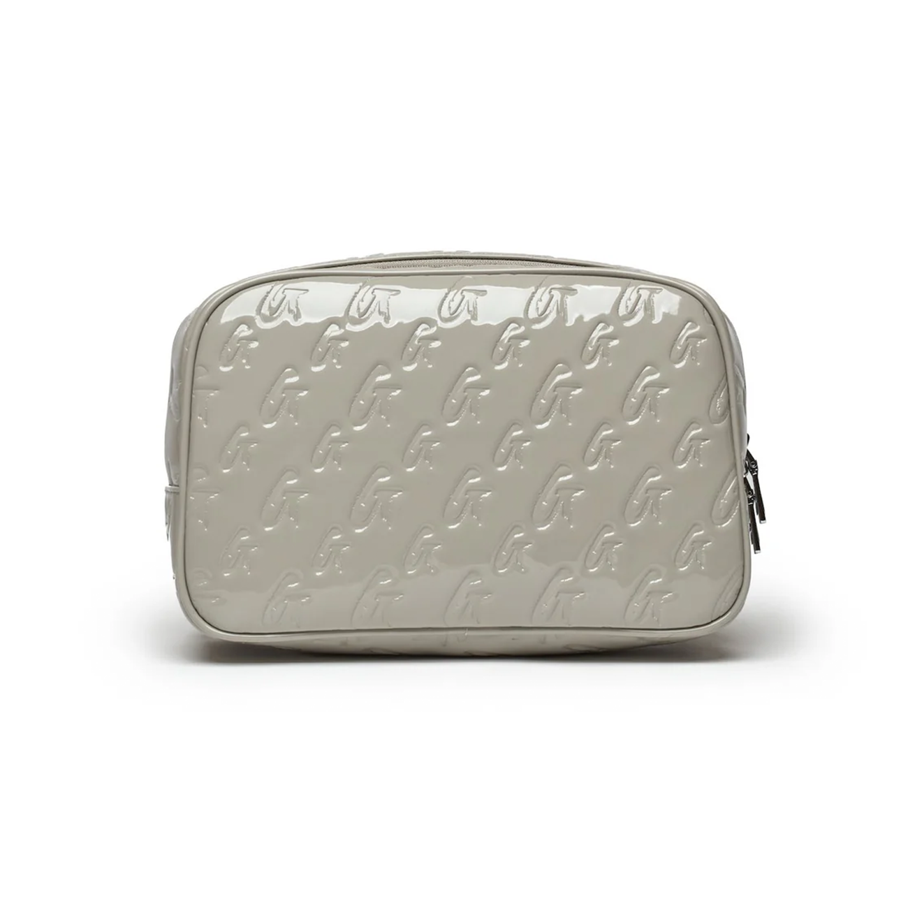 Small monogram toiletry bag in mirror gray featuring a sleek, glossy finish and stylish embossed logo design.
