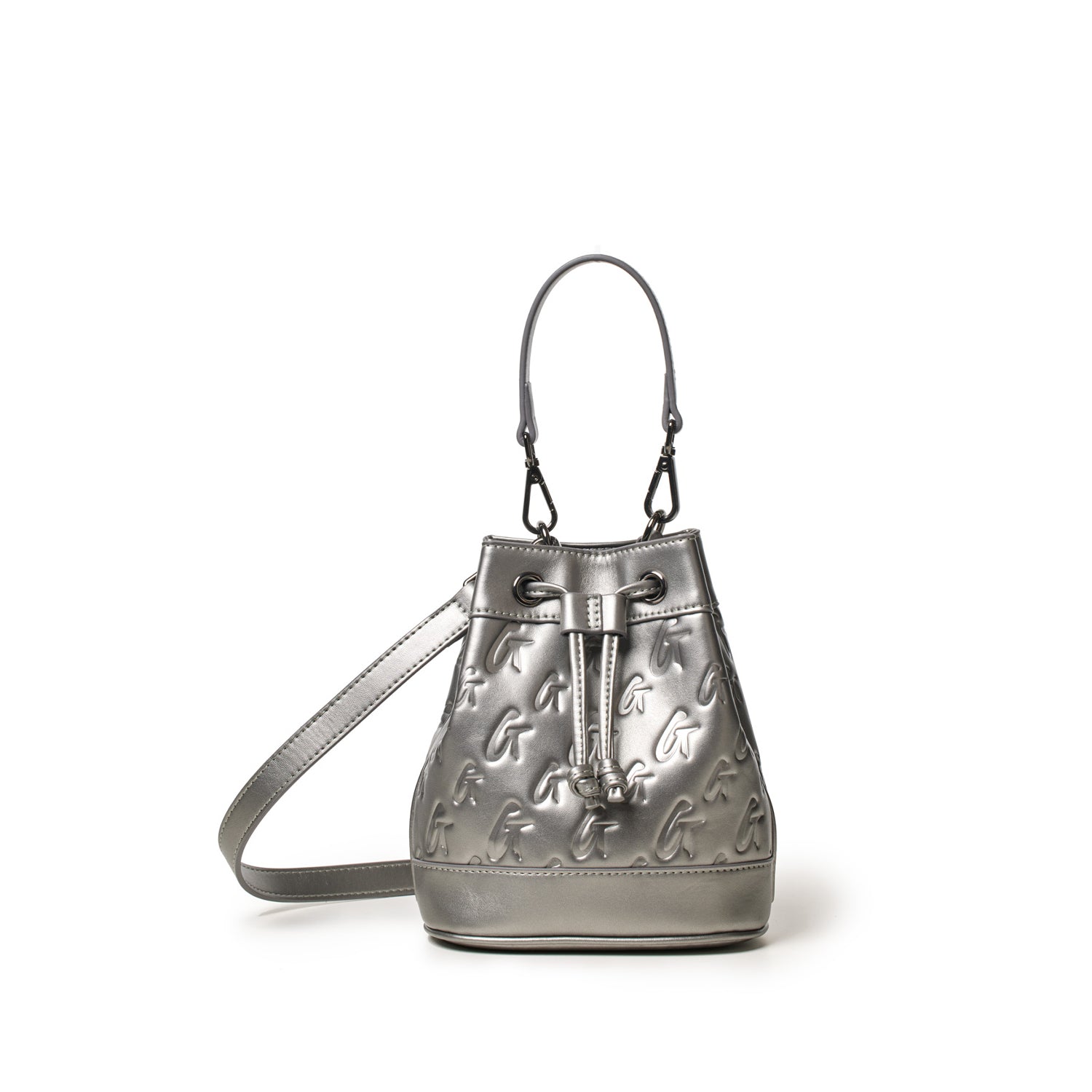 Mini Monogram Bucket Bag in platinum metallic finish with embossed G logo pattern, drawstring closure, and adjustable shoulder strap.