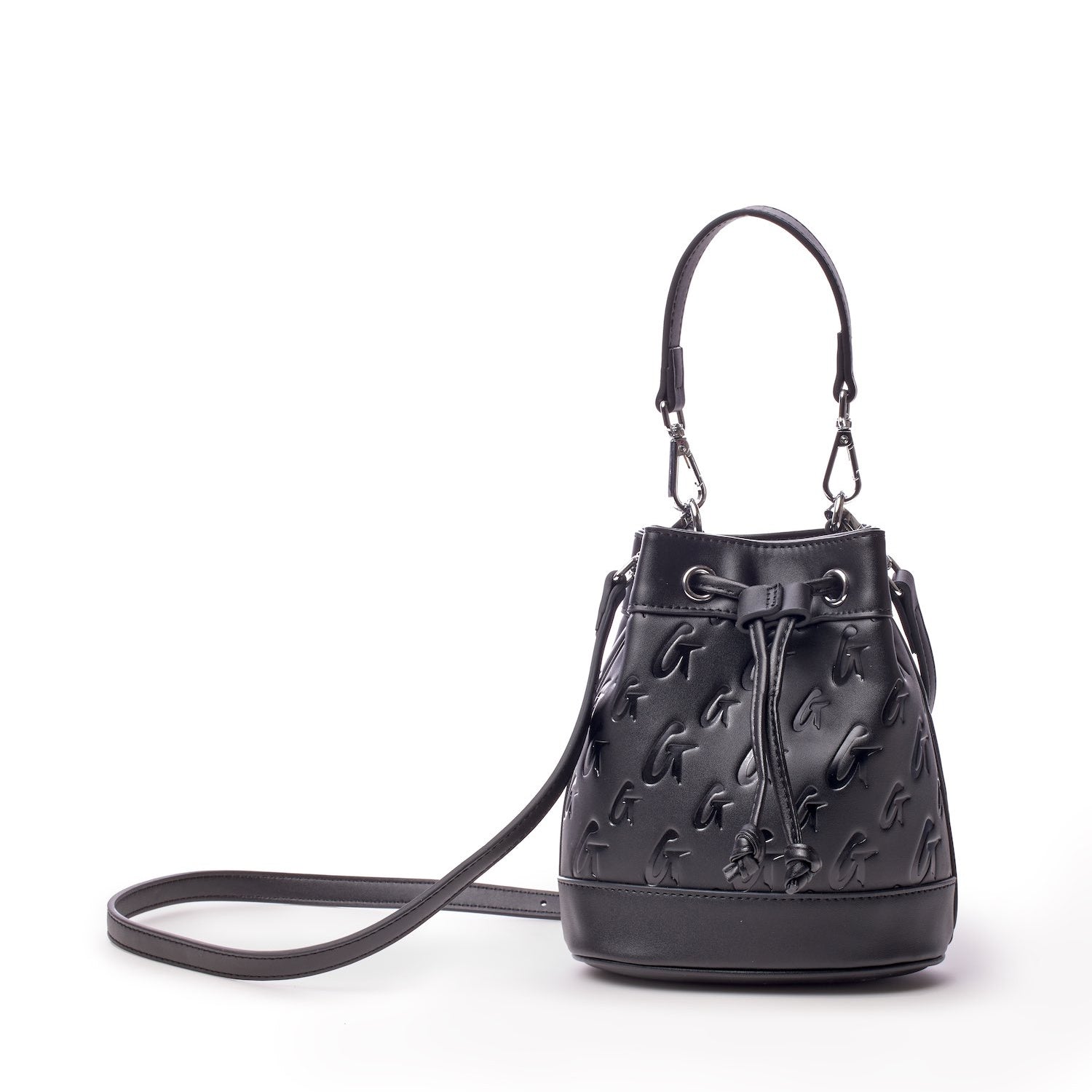 Black mini monogram bucket bag with a drawstring closure, adjustable strap, and embossed logo pattern on leather.