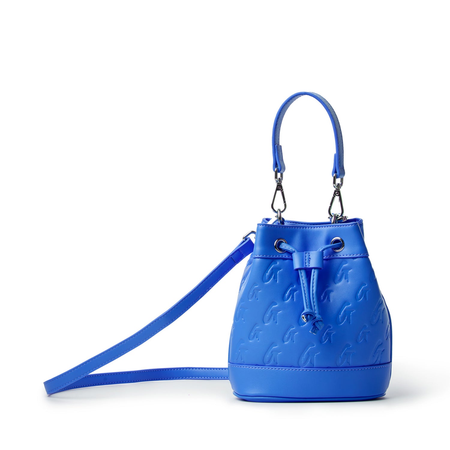 Blue mini monogram bucket bag with embossed logo pattern, drawstring closure, top handle, and adjustable shoulder strap.
