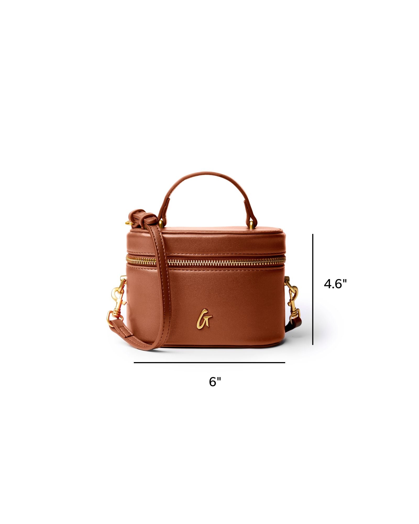 Mini smooth gold vanity bag in brown with a top handle and adjustable strap, perfect for stylish organization.