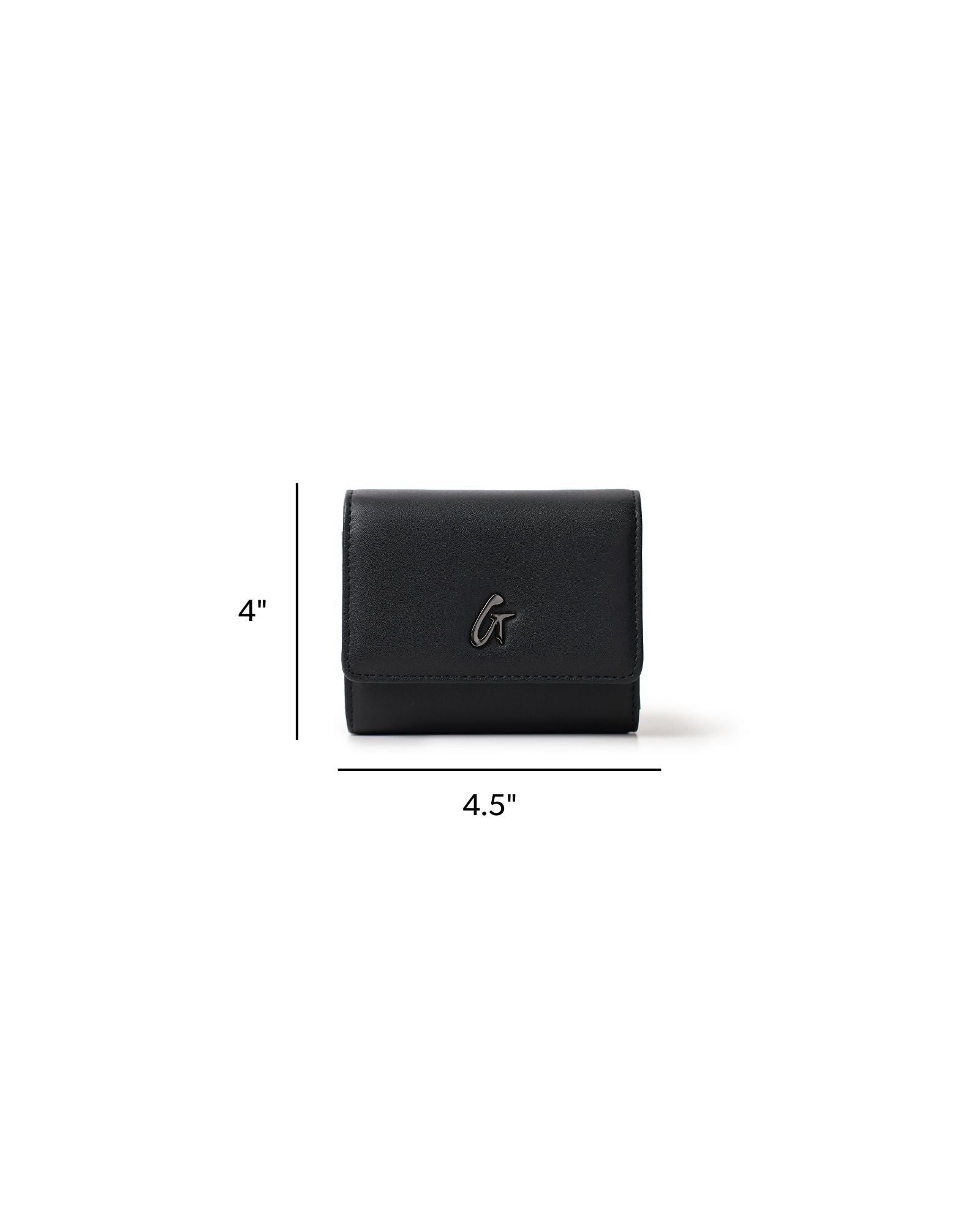 Compact black wallet with gunmetal accents, featuring a sleek design and measuring 4 by 4.5 inches.
