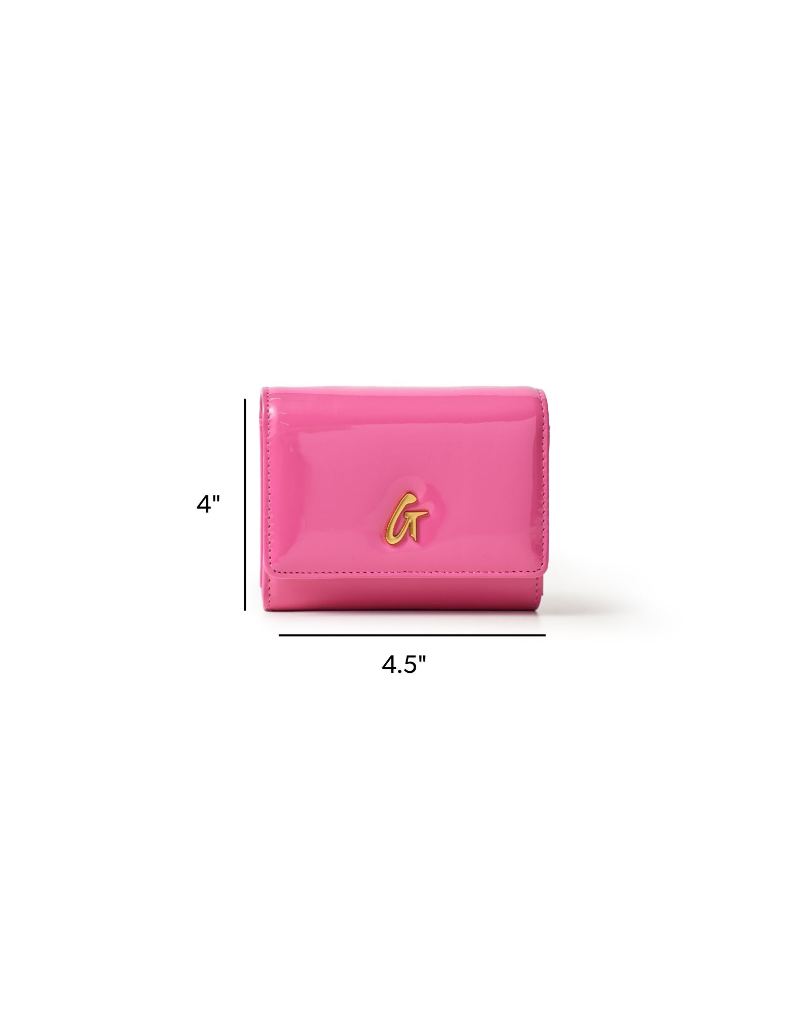 Hot pink compact wallet with a glossy finish and gold logo, measuring 4 by 4.5 inches, perfect for stylish organization.