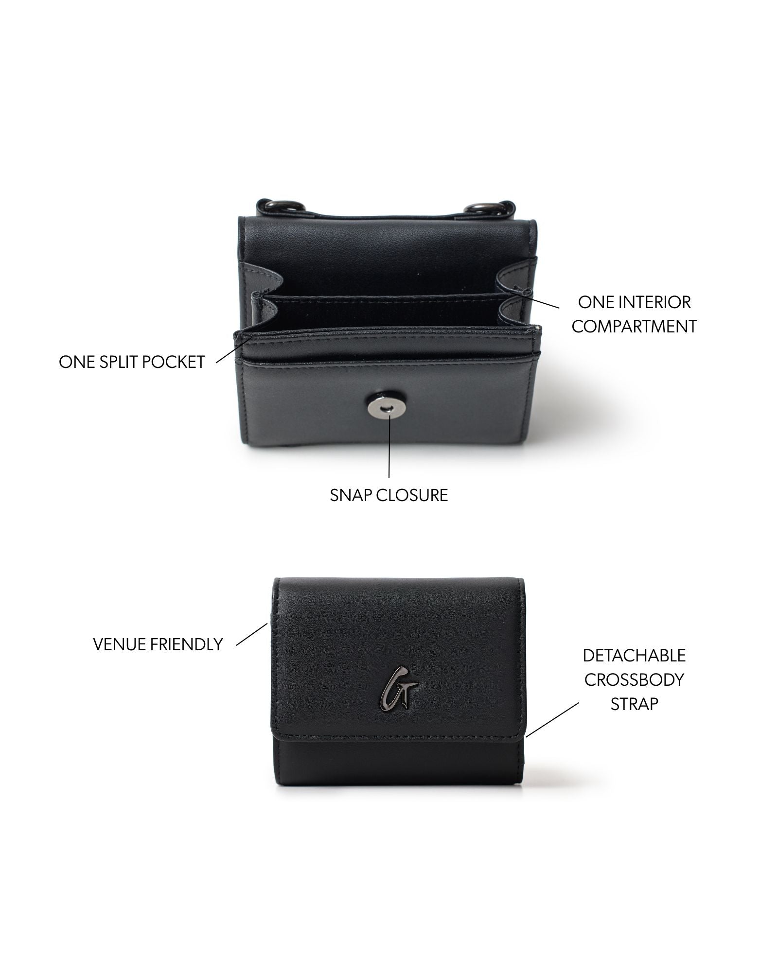 Compact black wallet with gunmetal accents, featuring a snap closure, one interior compartment, and a detachable crossbody strap.