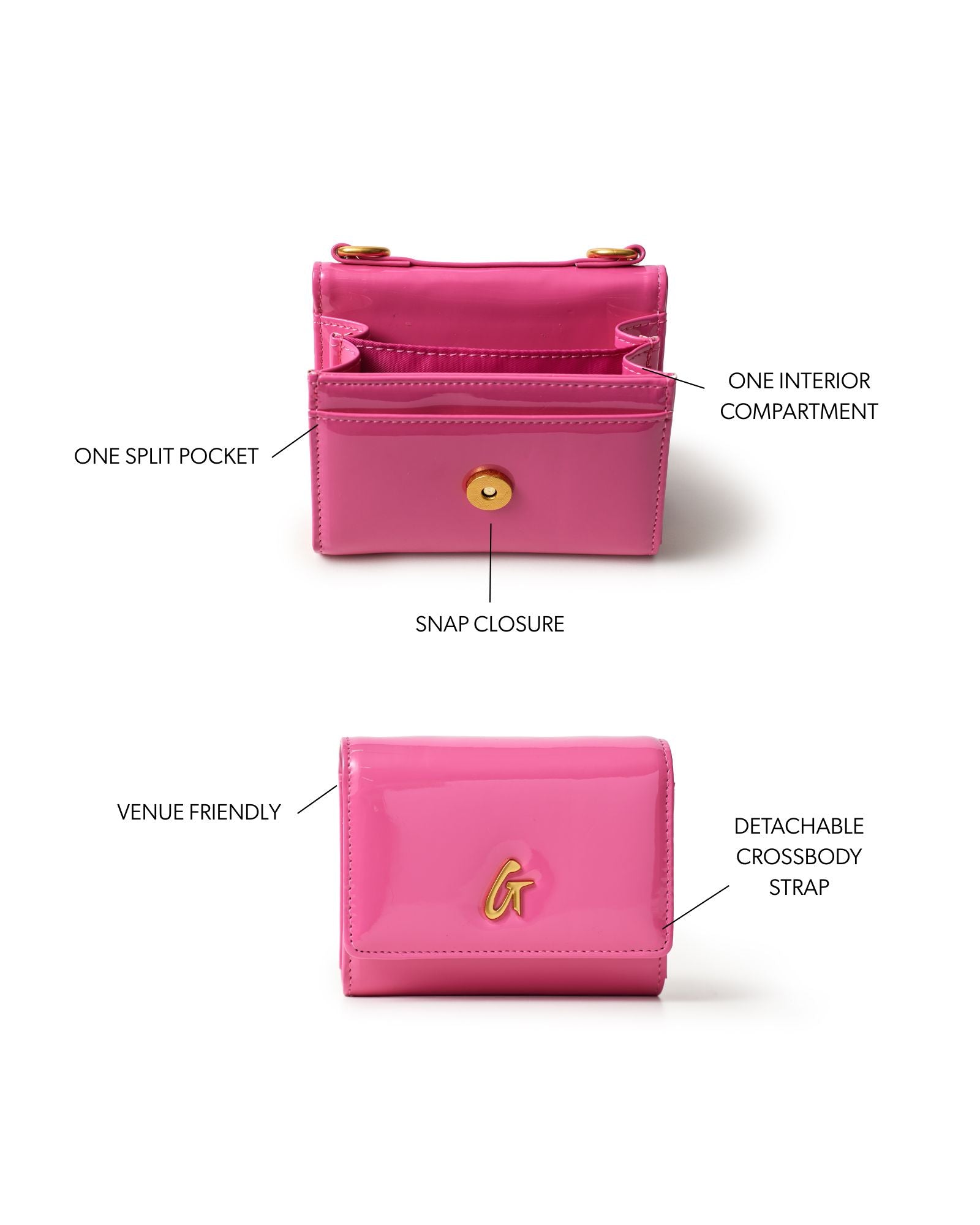 Hot pink compact wallet with snap closure, one interior compartment, split pocket, and detachable crossbody strap.