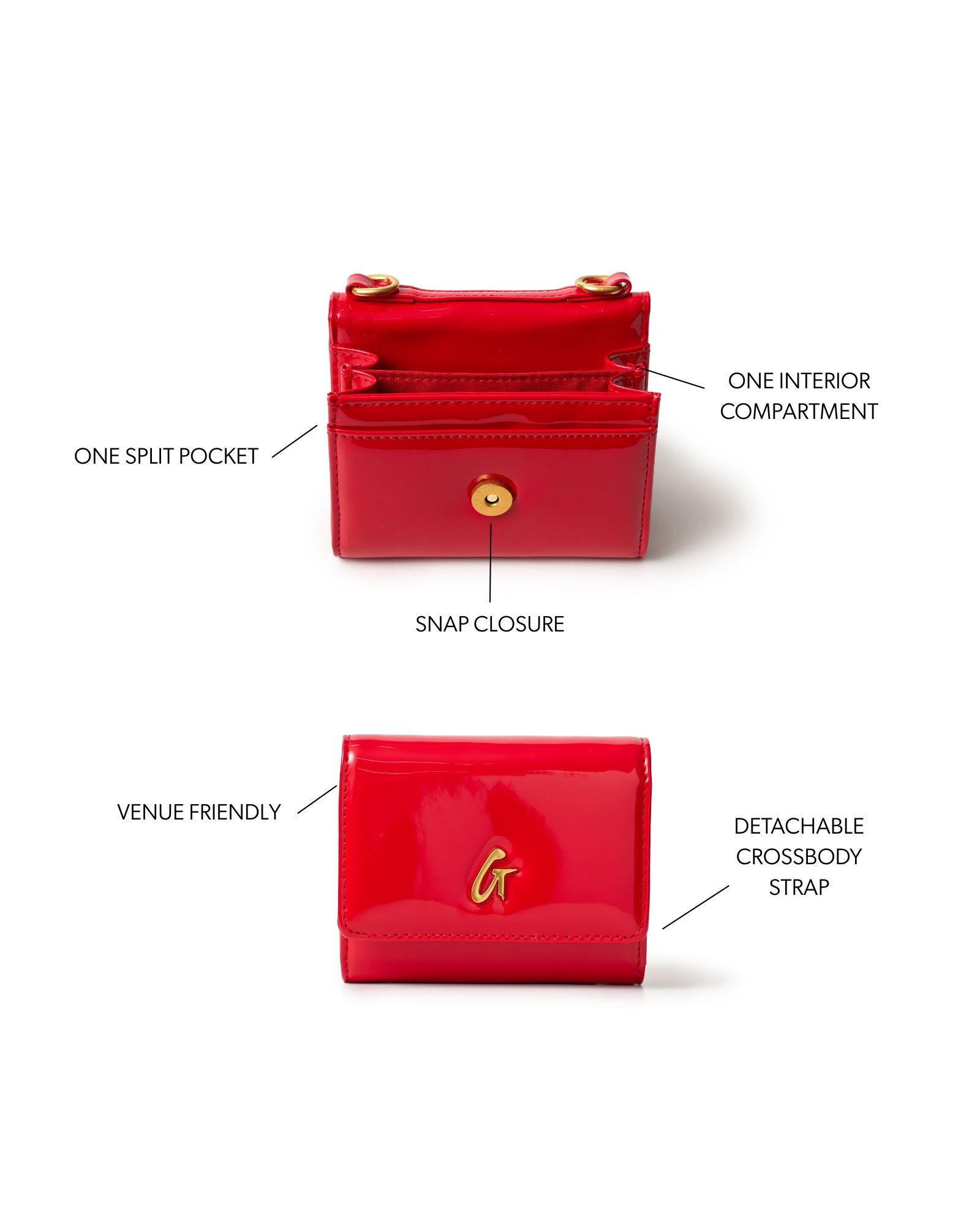 Compact red wallet with snap closure, interior compartment, split pocket, and detachable crossbody strap.