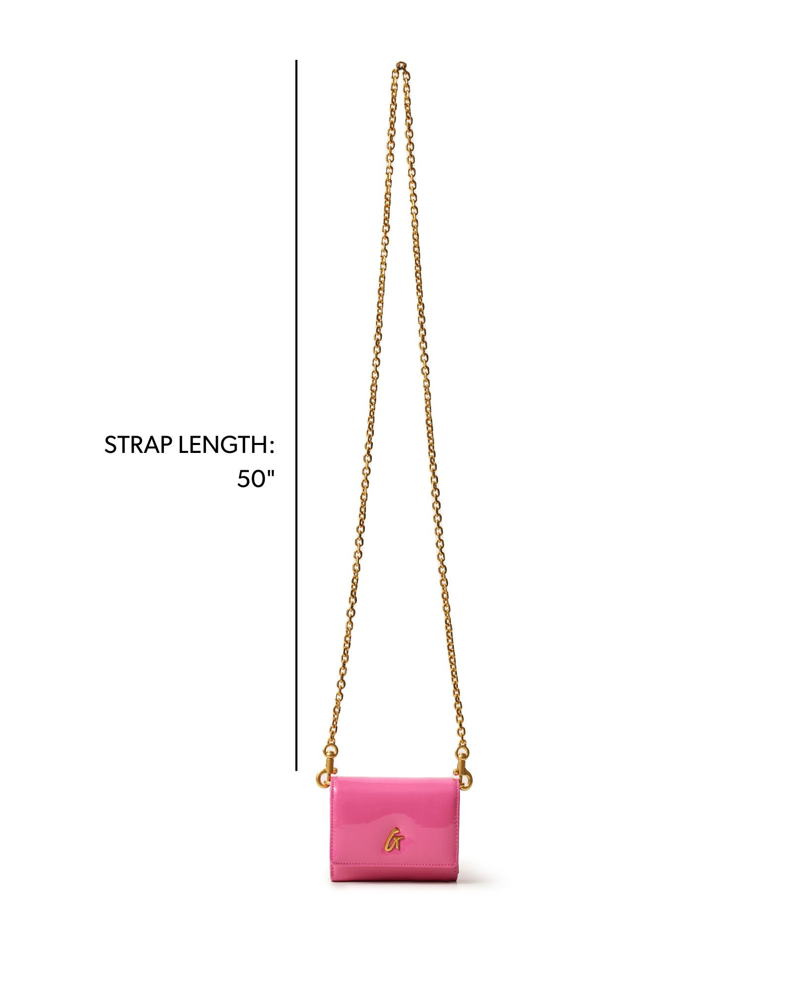 Hot pink compact wallet on a chain with a gold strap, showcasing a sleek design for stylish convenience.