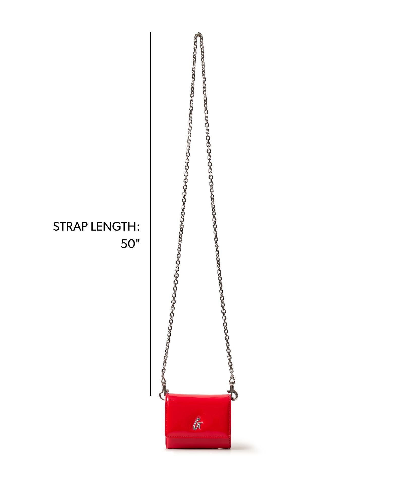 Compact silver wallet on a chain in mirror red with a 50-inch strap, perfect for stylish, hands-free convenience.