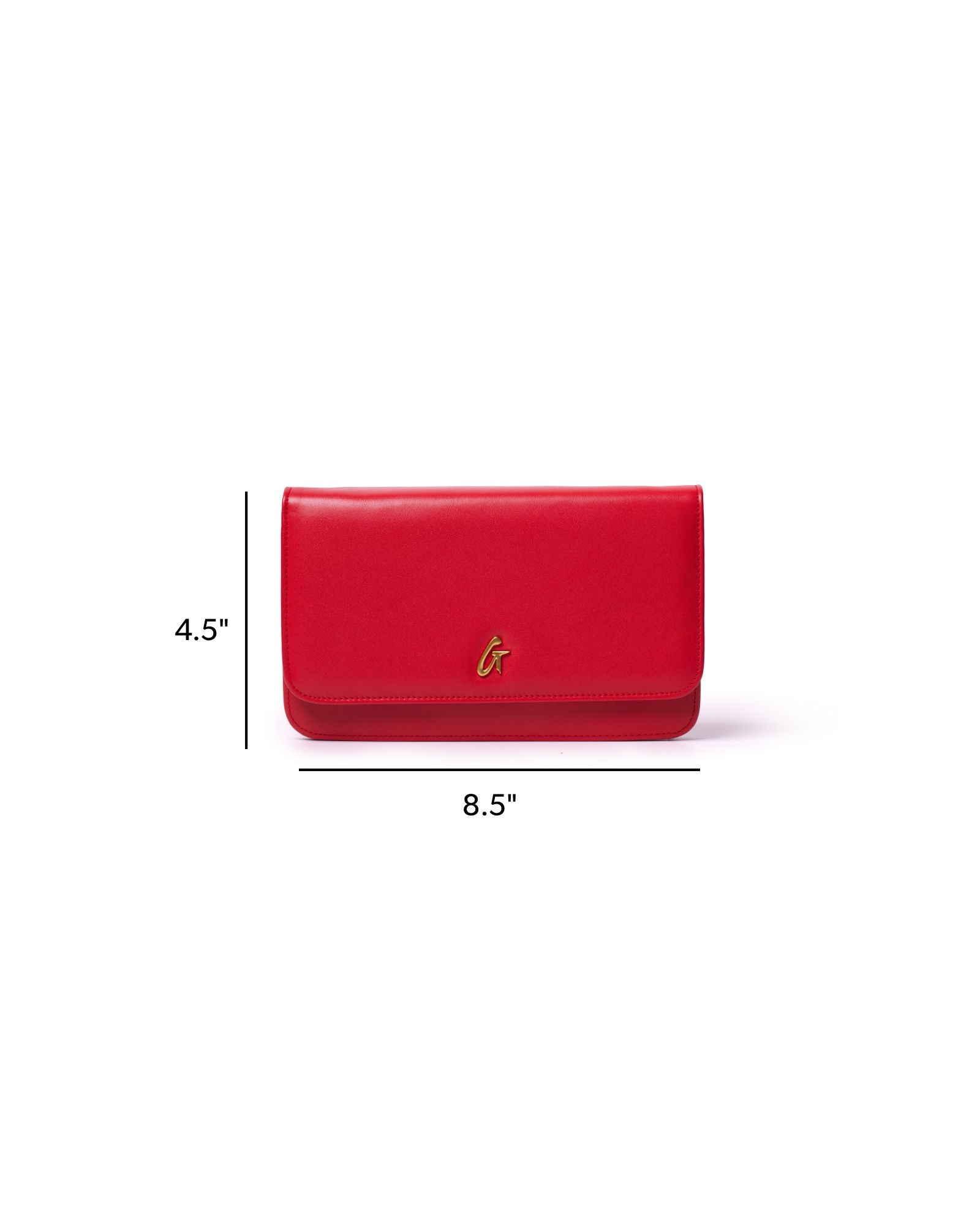 Red leather wallet on chain with a sleek design, featuring a gold logo and dimensions of 8.5 by 4.5 inches.